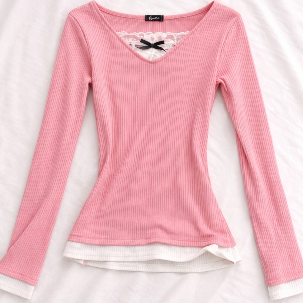 Women's Pink Ribbed Lace-Trim Long Sleeve Top